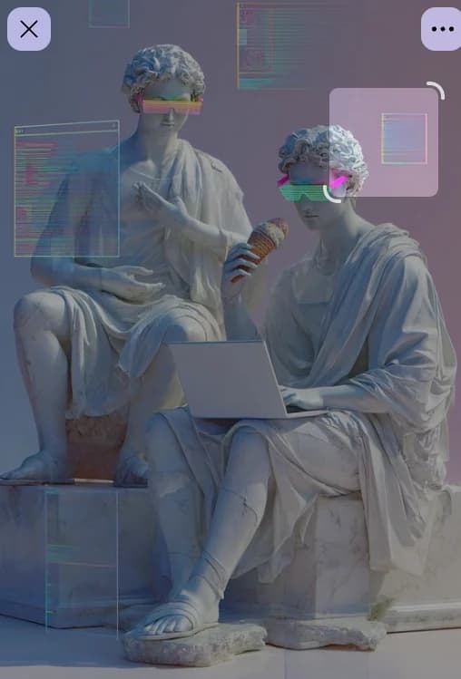 Classical figures framed by translucent technology interfaces